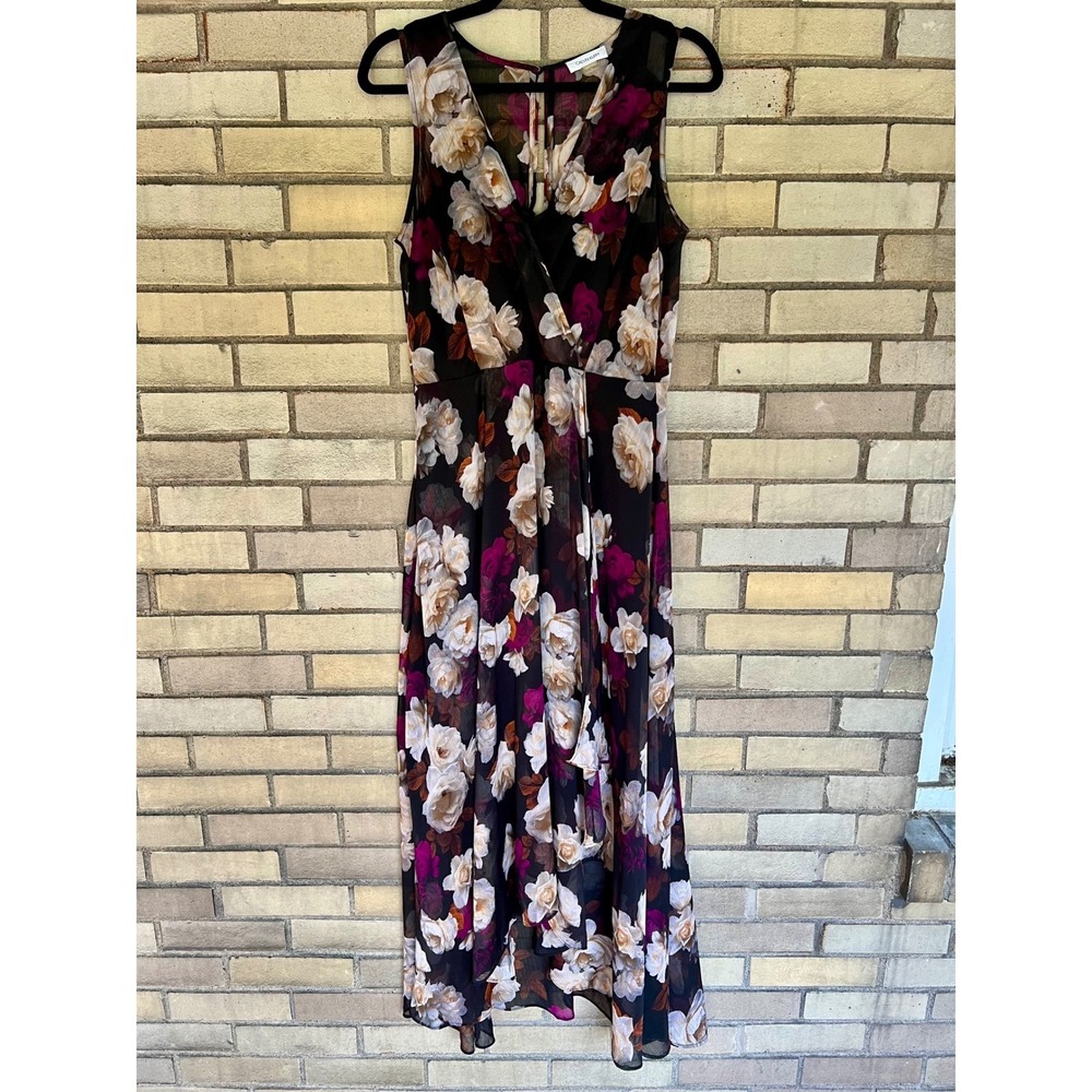 Calvin Klein Black Floral Chiffon High Low Faux Wrap Midi Dress Size 8